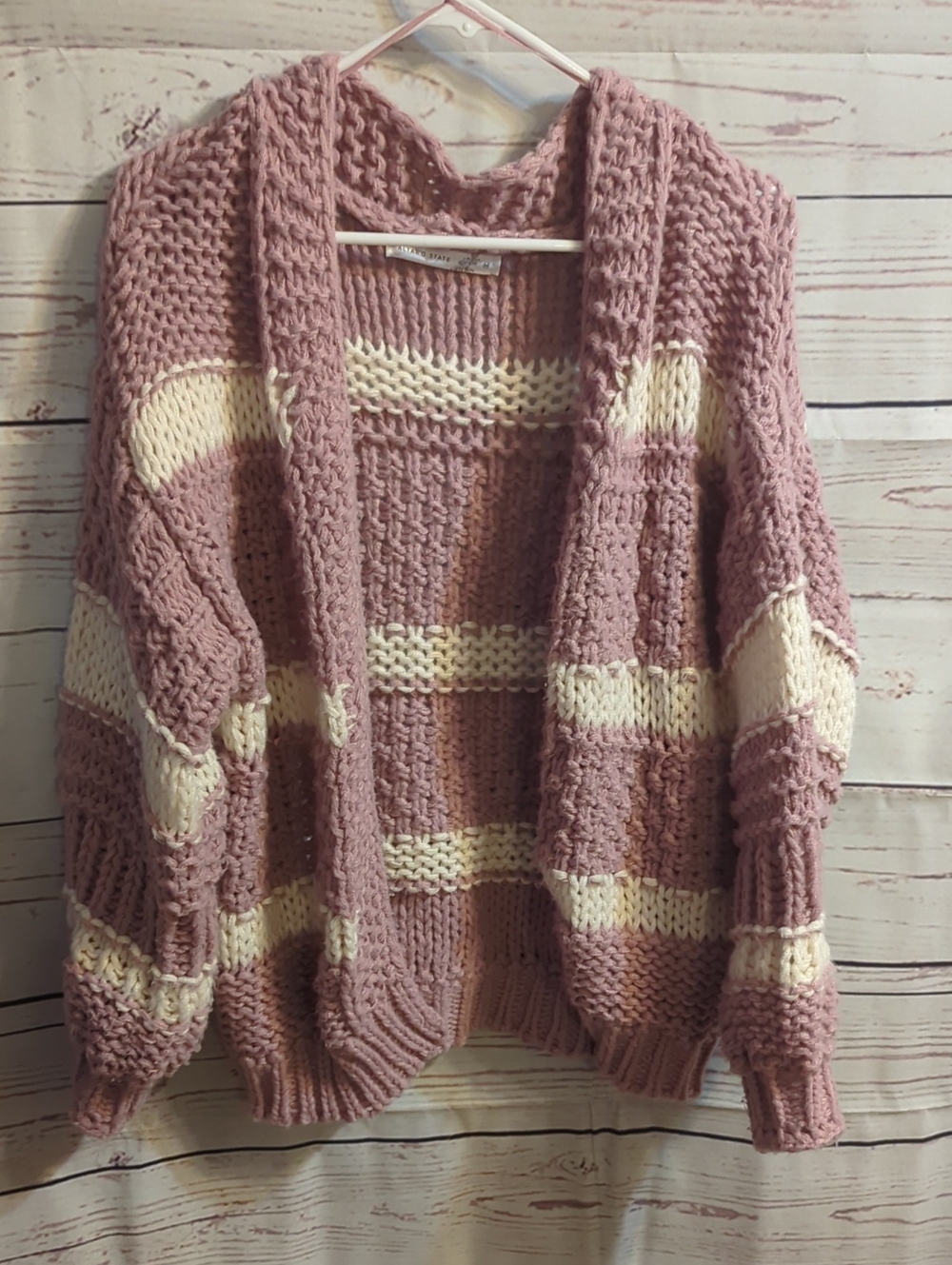 Altar'd State Cozy Pink & Cream Chunky Knit Open Cardigan Sweater
